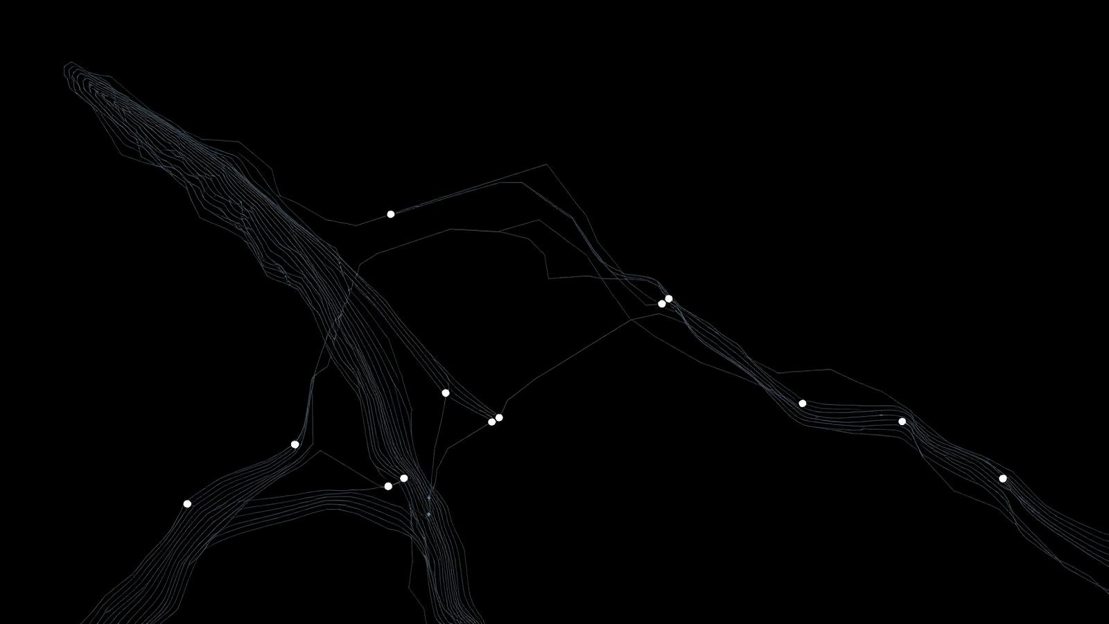 Abstract diagram of data flow lines and nodes on a black background