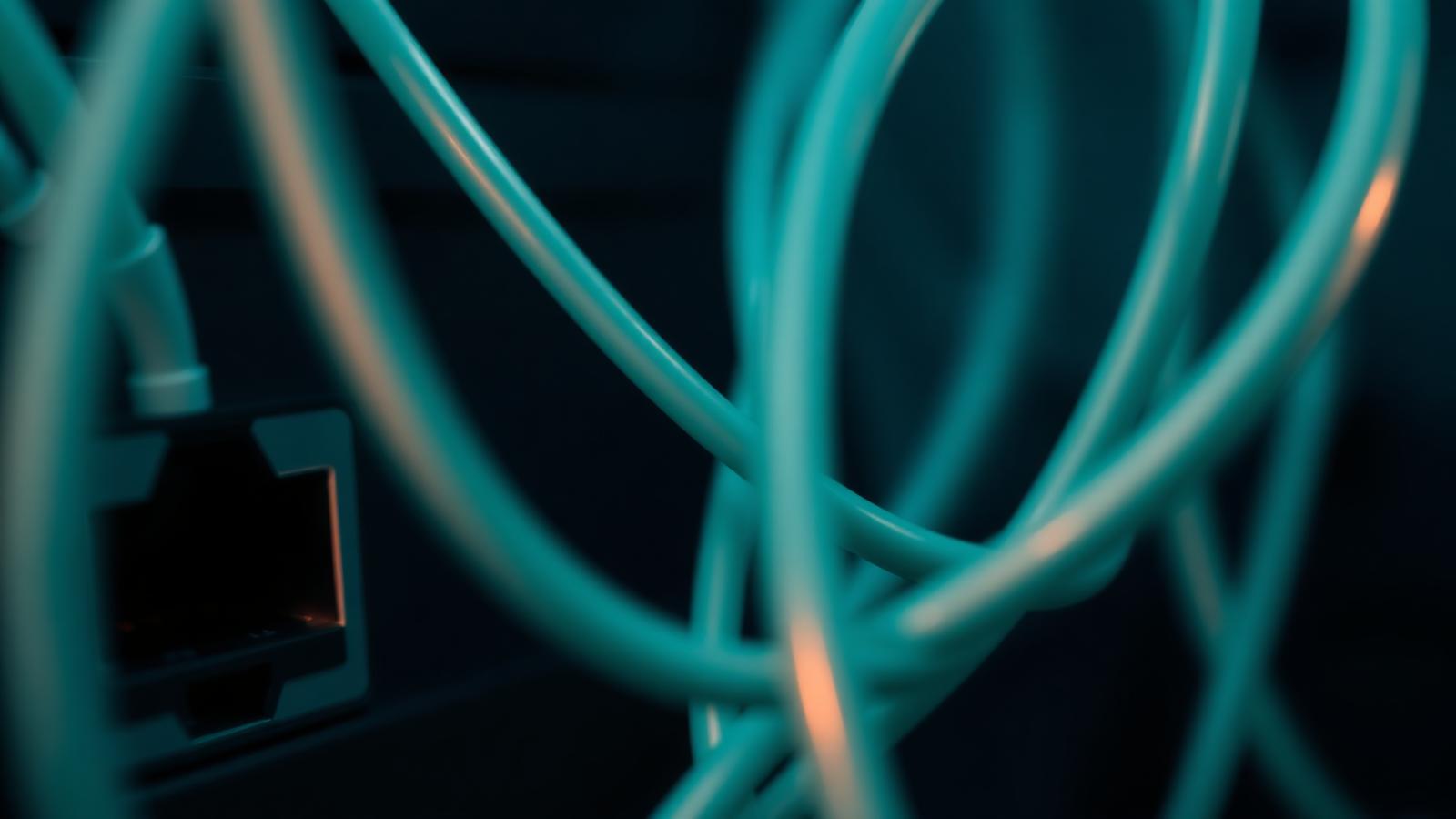 Macro photograph of network cables and fibre patch ports in teal tones