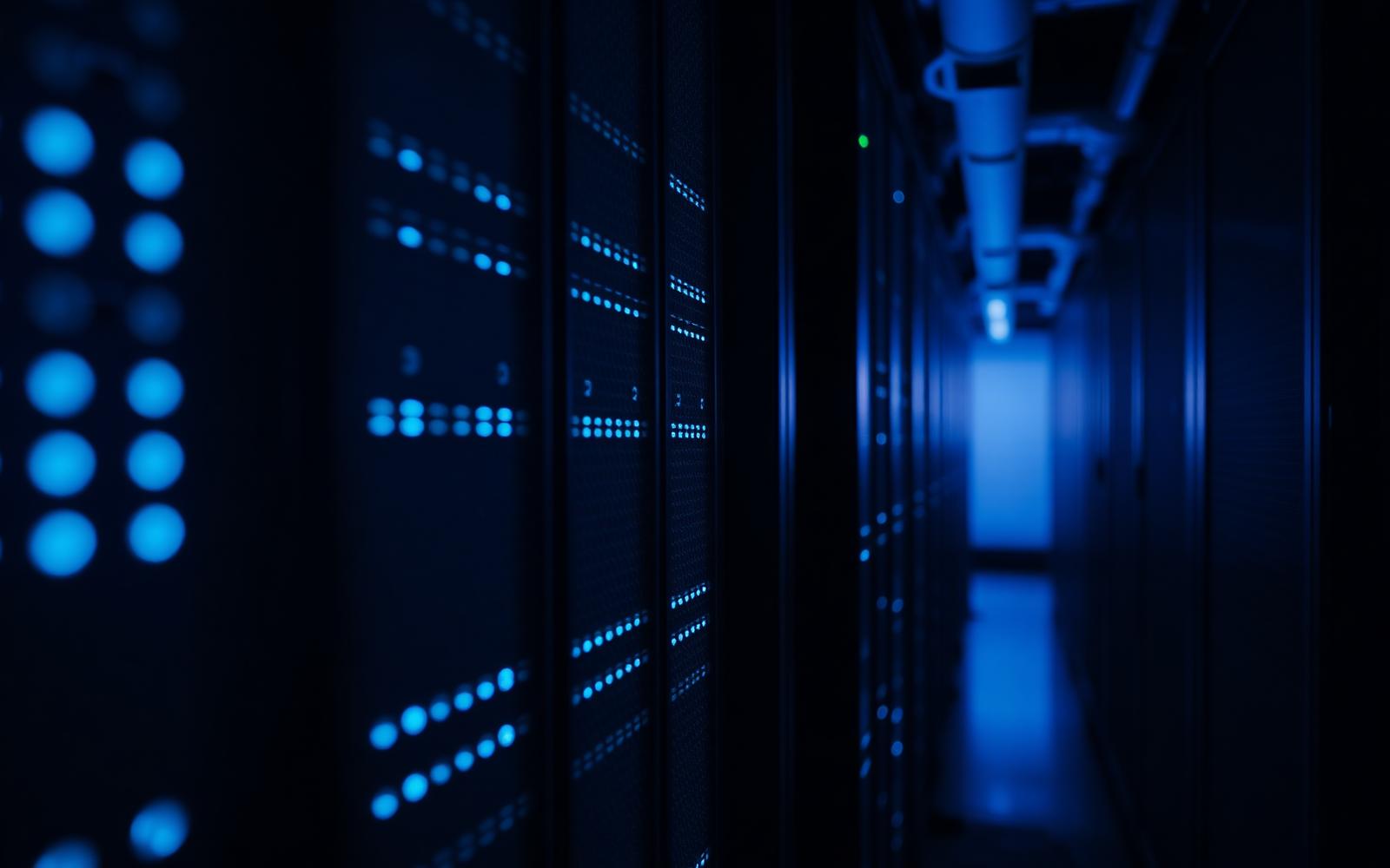 Rows of illuminated server racks lining a dark data centre corridor