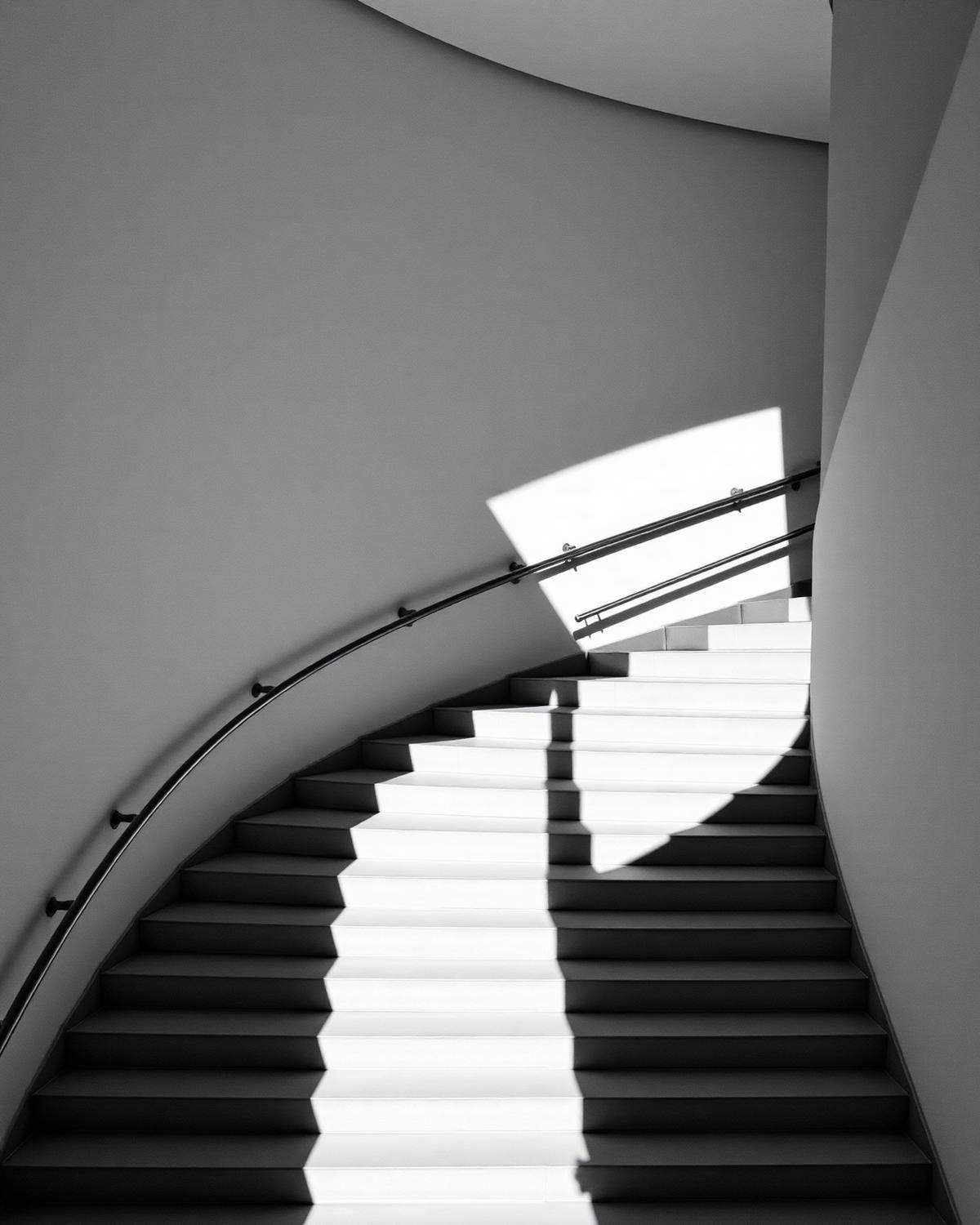 Curved concrete staircase in black and white with strong daylight