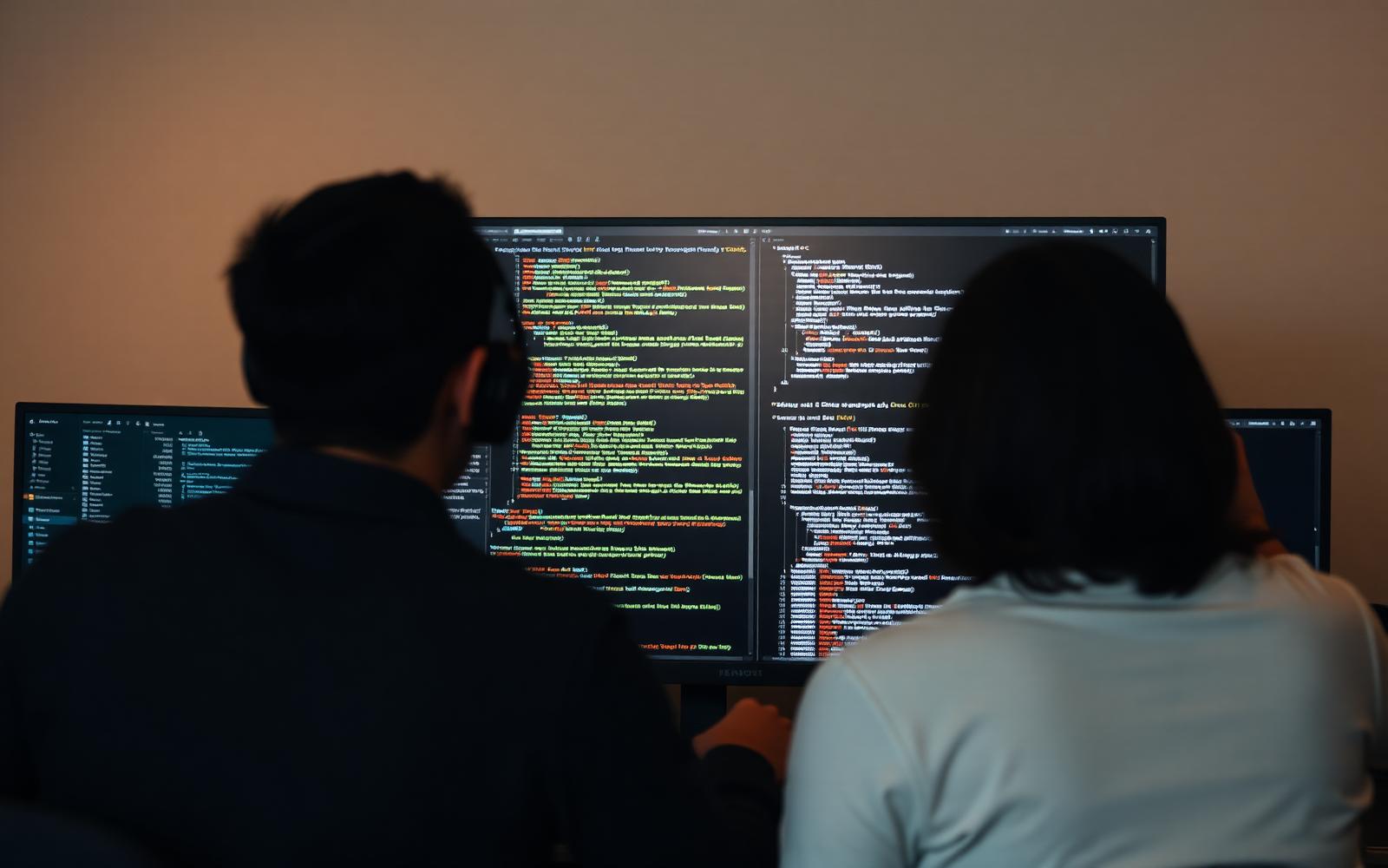 Two engineers reviewing source code together on a large monitor in a dim office