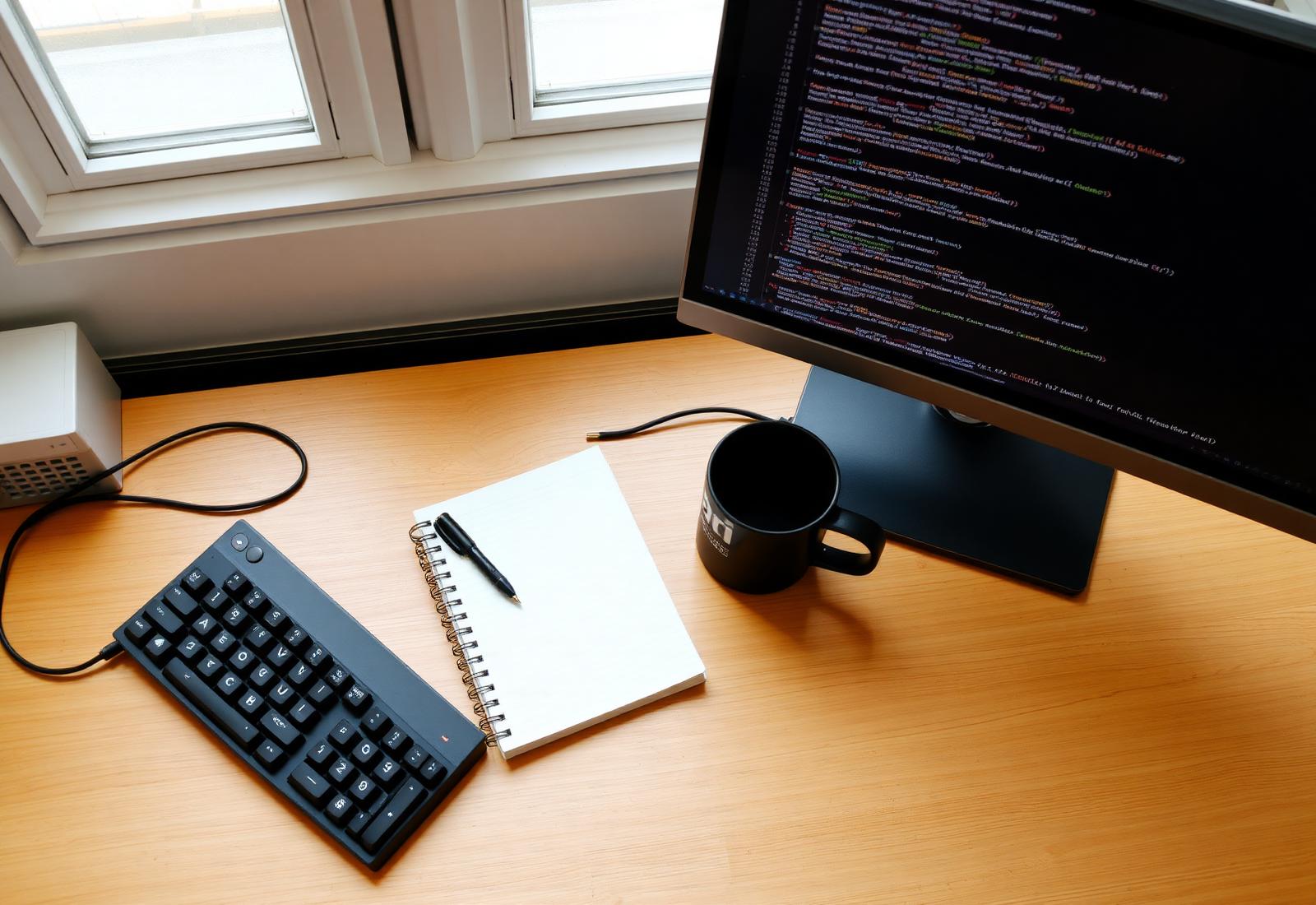 Overhead view of a developer workspace with a mechanical keyboard, notebook and monitor displaying source code